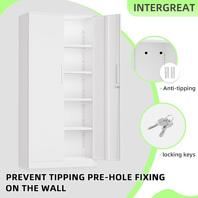 INTEGREAT Metal Storage Cabinet,71" Office Metal Cabinet with Locking Doors and Adjustable Shelves,Steel Locking Cabinets for Office,Home,Garage,Gym,School (White)