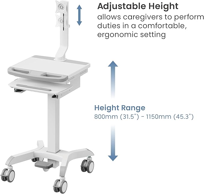 Mount Plus MB-C12 Mobile Height Adjustable Medical Workstation Cart with Retractable Keyboard, Mouse Tray, Large Tabletop (19.7" x19.3), Swivel Locking Casters for Hospitals, Dental and Clinic
