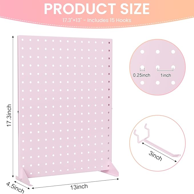 Peg Board Display Stand with 15 Hooks, Tabletop Metal Pegboard Shelf for Craft Shows & Fairs, Retail Stores, Vendors Arts and Crafts Finishing - 17x13Inch & Pink