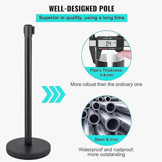 Crowd Control Stanchions, Stanchion Queue Post with Retractable Belts 6.5Ft, Easy Assembly, Crowd Control Barriers, Height 36 Inches, for Crowd Control Barriers, Pack of 4, Black