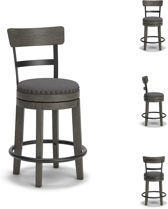 Signature Design by Ashley Caitbrook | Farmhouse Swivel 24" Counter Height Barstool – 360° Swivel, Upholstered with Nailhead Trim, Metal & Wood Frame, Gray