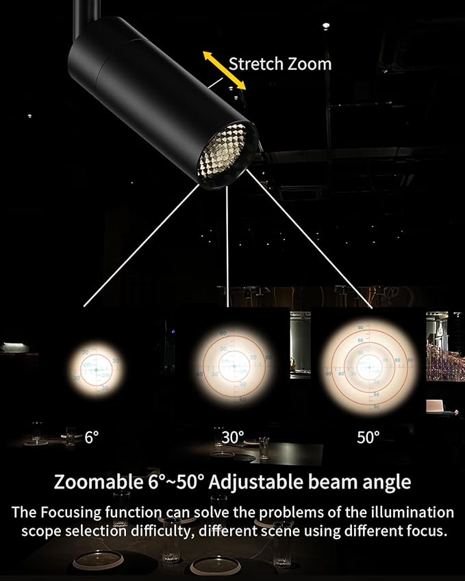 LED Zoomable Ceiling Spotlight 7W Adjustable Beam Angle 6-50° Swivelable Angle CRI 97 Black Aluminum Accent Lamp for Corridor Mural Living Room - COB Chip