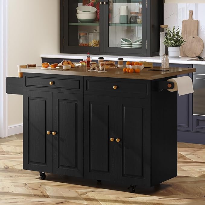 COCO DESIGN 60" Rolling Kitchen Cart with Power Strip & Drop Leaf, Thick Countertop, Large Storage Cabinet & Drawers, Mobile Island with Locking Wheels, Towel Rack and Spice Rack, Black and Walnut