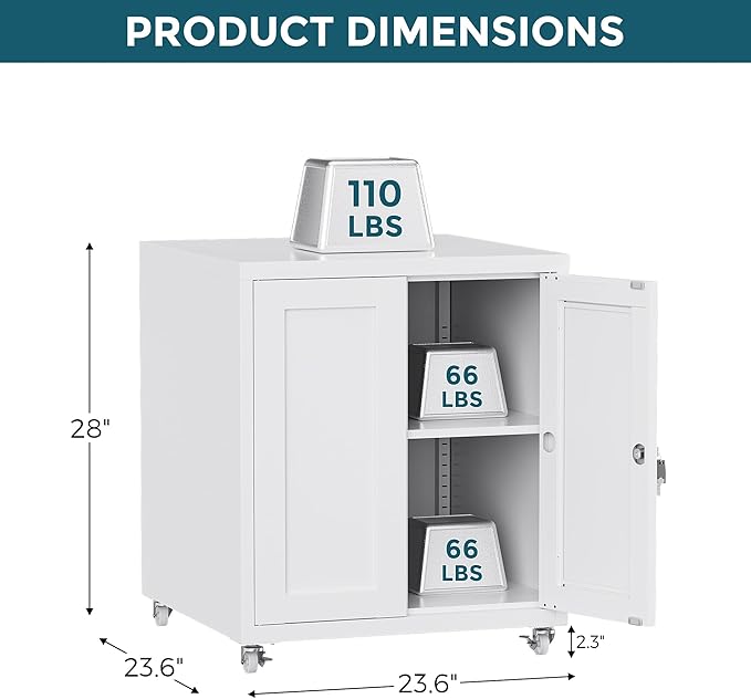 Large Printer Stand with Storage and Lock, 3D Heavy-Duty Printer Cabinet, Printer Table for Home Office with Doors and Adjustable Shelves, for Office Copier and Fax Machine, White