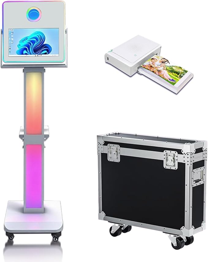 Photo Booth Machine 15.6 inch Selfie Portable Touch Screen Photobooth with RGB Light,Mirror Photo Booth with Flight Case for Wedding Party Events (Machine+Mini Printer)