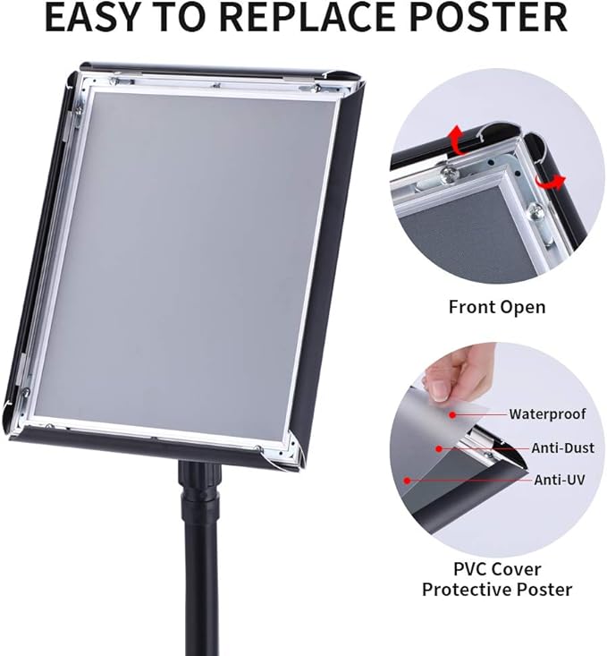 Heavy Duty Adjustable Pedestal Poster Sign Stand, 11x17 Aluminum Open Floor Standing Sign Holder for Vertical and Horizontal View Display. (2 Pack, Black)