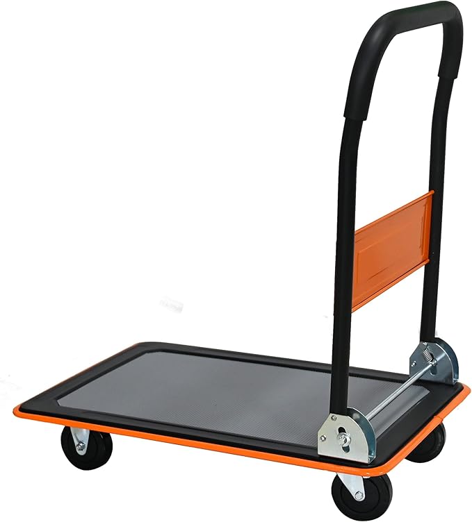 Orange Folding Platform Hand Truck 330 lbs Capacity, Heavy Duty Steel Flatbed Dolly with 360° Silent Wheels, Foldable Push Cart for Warehouse, Home, and Office Use