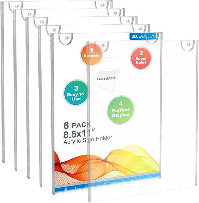 BlueValley Acrylic Sign Holder 8.5 x 11 Wall Mount, Clear Picture Frame Photo Holder Stand for Wall with Adhesive & Screws, Plastic Paper Menu Holder for Office,Store,Home-Vertical 6 Pack
