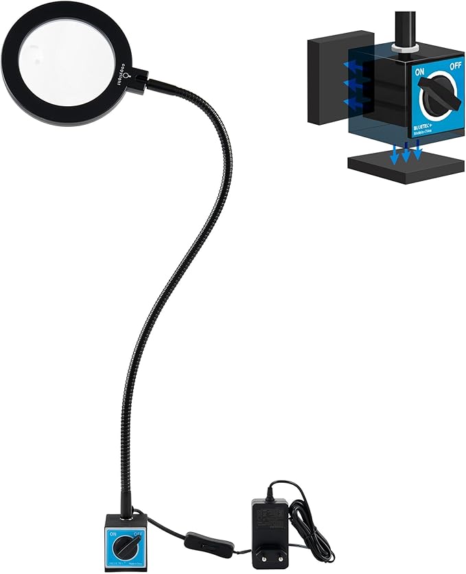 Magnetic LED Work Light with Magnifying Glass 23.5in Flexible Gooseneck for Sewing and Drill Press, 3400Lux 10.5W 110V