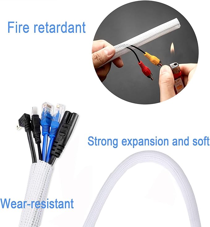1/2" x25ft Braided Cable Sleeve – Split Self-Wrapping Wire Loom Tubing for USB, Power, Audio/Video Cords – Chew-Resistant Cord Protector, White Expandable Sleeving