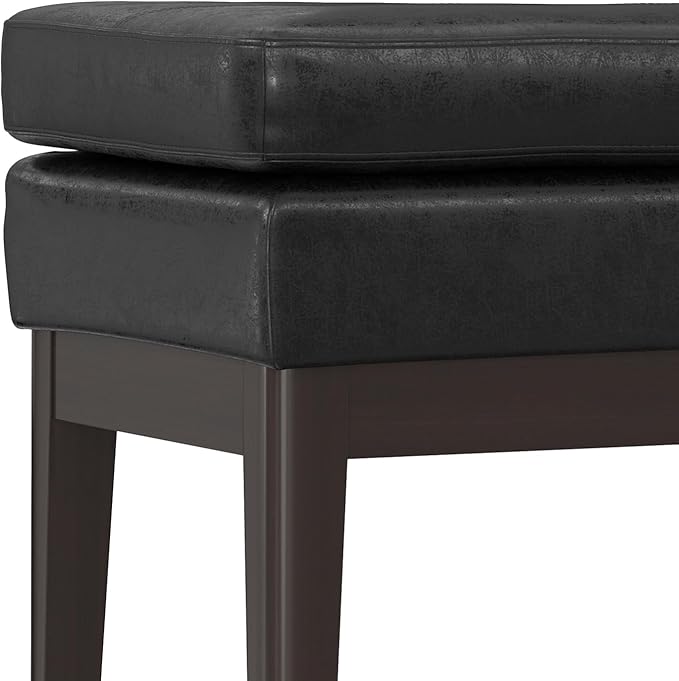 SIMPLIHOME Carlson Small Ottoman Bench - 27 inch Wide Upholstered Woven Fabric Rectangle Ottoman in Distressed Black, Mid Century Modern Bench for Bedroom or Living Room with Padded Seat