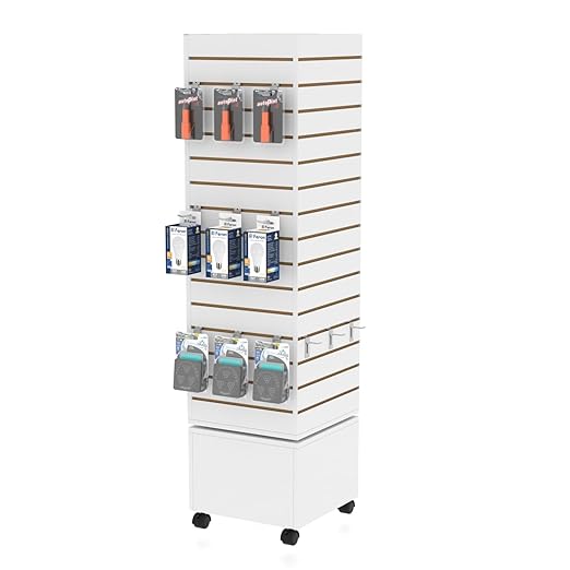 16”W * 16”D * 60”H White Slatwall Tower - Rotating and Rolling - Slatwall Display Tower - Rotating Spinner Rack for Store Fixtures and Display Retail - Boutique, Home