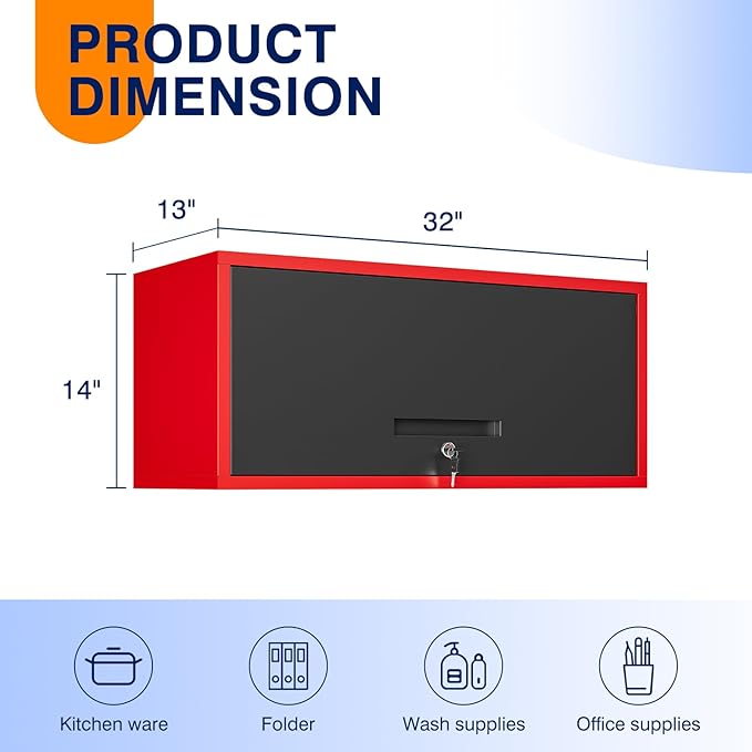 Yizosh Metal Wall Cabinet with Doors, Wall Mounted Storage Cabinet, Floating Tool Cabinet for Kitchen, Basement, Warehouse (Red Black, 13.7" H)