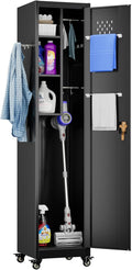 Aobabo Metal Broom Closet Storage Cabinet with Wheels, 72'' Tall Steel Cleaning Tools Garage Cabinet with Pegboards and Hooks,Assembly Required,Black