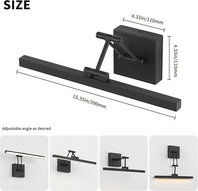 Hard-Wired Picture Light Dimmable LED Picture Lights for Paintings 15.7" Inch Black Metal Body Wall Pictures with Adjustable Swing Arm Art Display Lamps 7W 3000K Warm White Book Light