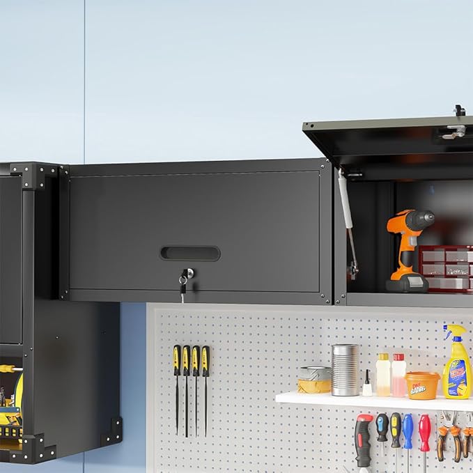 Metal Wall Cabinet with Up-flip Door, Lockable Steel Wall Mounted Storage Cabinet, Floating Tool Cabinet for Garage, Workshop, Warehouse, Kitchen, Bathroom, Assembly Required (Black 13.58"H)