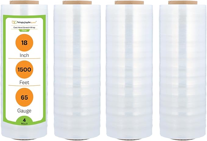 PSBM Stretch Wrap, 4 Pack, 18 Inch x 1500 Feet, 65 Gauge, Clear Plastic Cling, Cast Hand Stretch Film Rolls for Packaging Moving Packing Pallets