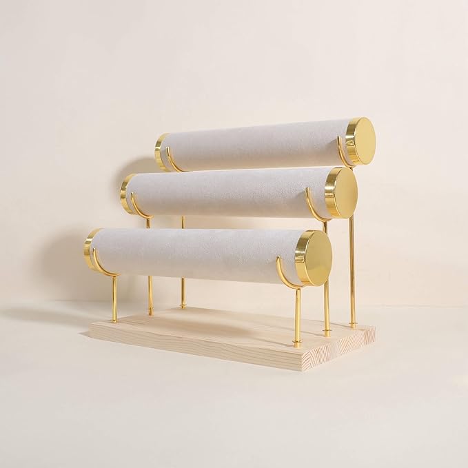 GemeShou Velvet Bangle storage oragenizer for selling, Beige bracelet storage rack for boutique store, Velvet wrap watch holder with wooden base for women girls【Bracelet holder-three tiers】