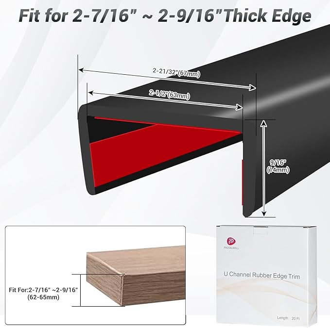 Rubber Edge Trim, 2-1/2 inch Wide U Channel Edge Trim, Big Size U Shaped Trim, Self Adhesive Edge Banding for Plywood, Woods, Doors, Shelf, Cabinet, Countertop, Length 20Ft, Black