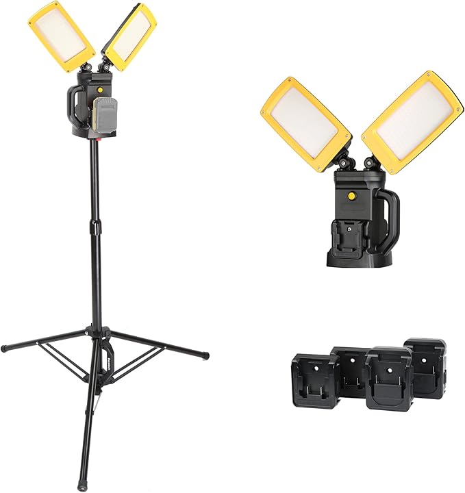 12000LM Cordless LED Work Light, 85W Dual-Head with Tripod, Compatible with Dewalt, Milwaukee, Makita 18–21V Battery, Flicker-Free, Glare-Free, Brightness Adjustable for Jobsite and Garage