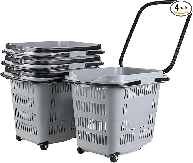 Sandmovie 50 L Large Rolling Shopping Basket, 4 Pcs Plastic Shopping Baskets with Wheels, Portable Basket for Supermarket, Retail (Grey)