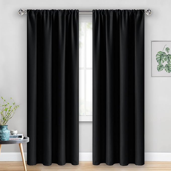 JIUZHEN Blackout Curtains for Bedroom - Thermal Insulated Room Darkening Rod Pocket Curtains for Living Room, Set of 2 Panels with Tiebacks, 38 x 84 Inch Length, Black