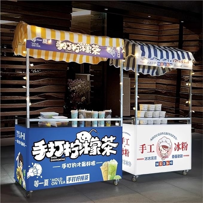 Outdoor Food Cart with Canopy, Portable Street Vendor Stand, Foldable Commercial Vending Trolley Kiosk for Market, Street Food and Events(Blue,47.2x23.6in)