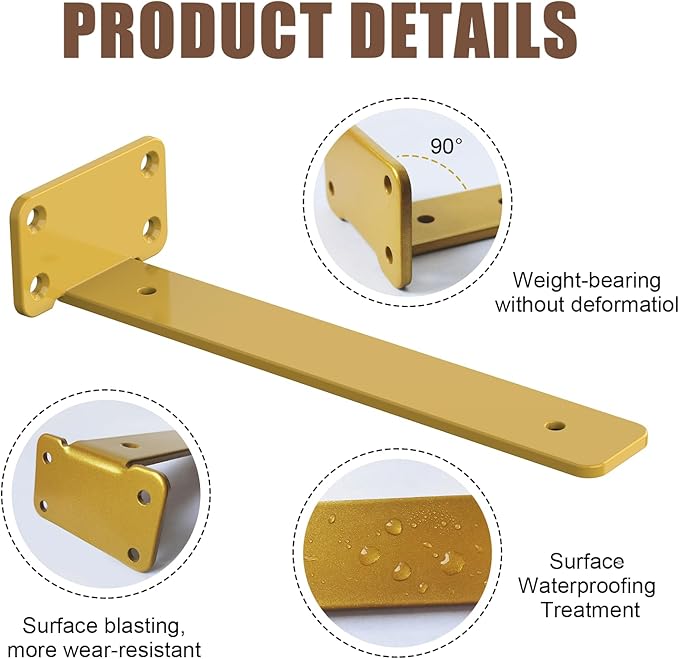 6 PCS Gold Iron Heavy Duty Brackets Without Lip, 4 Inch Supports DIY for Shelves Bracket with 5mm Thick, Industrial Modern Floating Shelf Support for Wall Mount Shelves