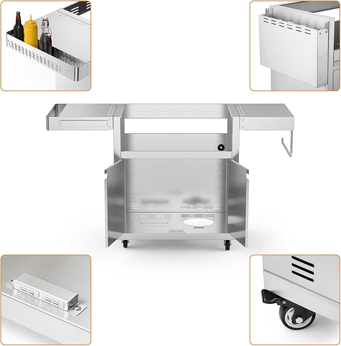 Stainless Steel Grill Cart for Hygrill 2-Burner Built-In Griddle, Outdoor Kitchen Island with Foldable Side Shelves and Storage Cabinet