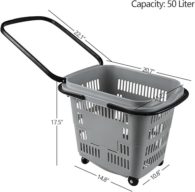 50 Liter Plastic Shopping Basket with Wheels, 4 Pack Large Rolling Baskets for Groceries, Gray