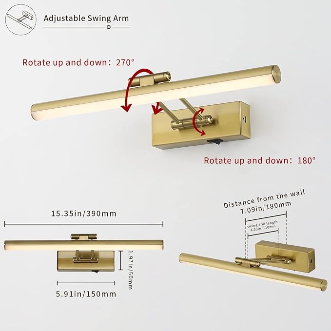 JUSHENG Battery Operated Picture Lights for Wall Brass 3CCT Dimmable Gallery Lights with Remote and Timer Wireless Painting Lights for Artwork, Display, Portraits 15.35'' Inch 3W