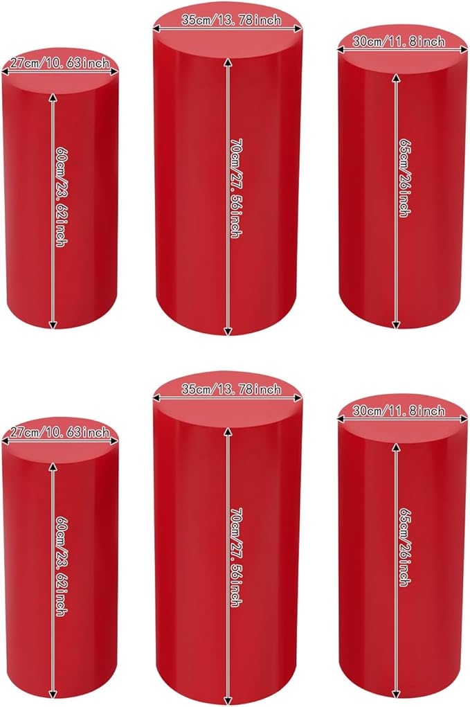 OUKANING 6 PCS Metal Display Pedestal Stands, Red Cylinder Display Stands Pillars, Decoration Cube Sculpture Display Column for Wedding Party Baby Shower Birthday, H27.56'', 26'', 23.62''