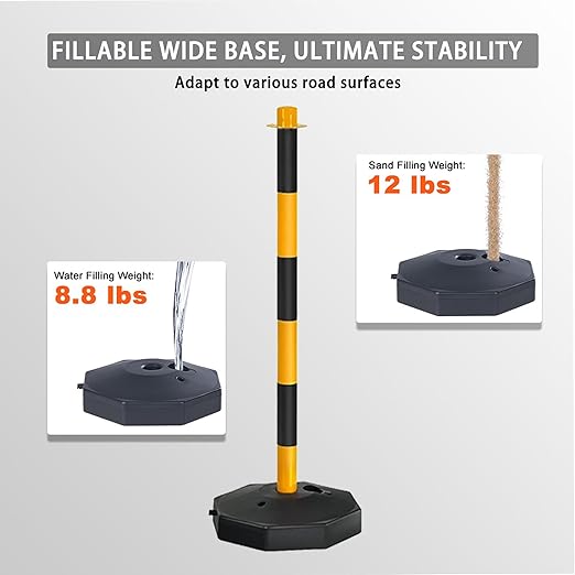 Adjustable Traffic Delineator Post Cones,10 Pack 34Inch,Traffic Safety Delineator Barrier with Fillable Base 6.6FT Chain,for Traffic Control Warning Parking Lot Construction Caution Roads,Yellow&Black