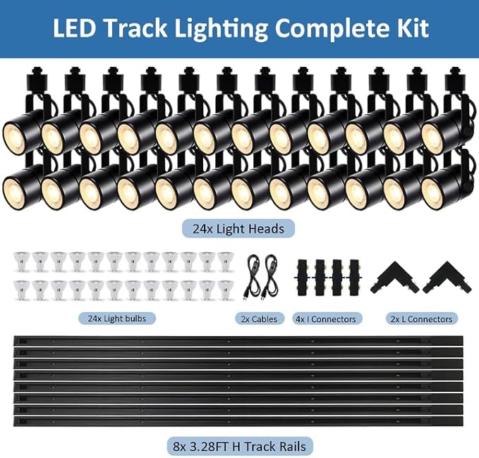 Dimmable 24-Pack GU10 Black Track Lighting Kit with Replaceable bulbs, All-in-One Plug in 3CCT Ceiling Spotlights with 26.2FT Track Rails, Accent Lighting for Home, Store, Moblie Cart and Office