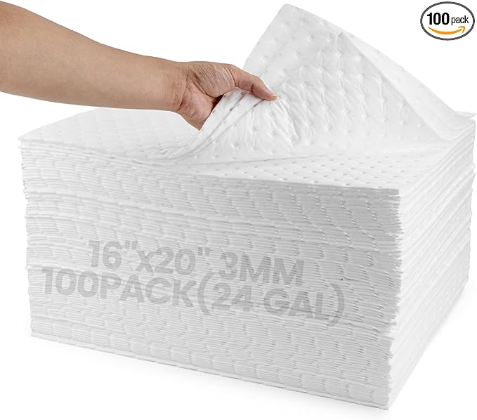 Oil Absorbent Pads | 16"x20" Oil-Only Spill Mat 100-Pack | Industrial Spill Control for Oil & Fuel(24 Gal/Box) | Repels Water Absorbing Sheets