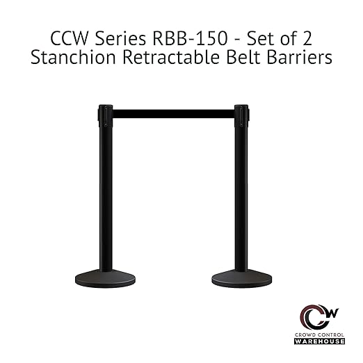 Crowd Control Warehouse CCW Series RBB-150 - Set of 2 Stanchion Retractable Belt Barriers - 16 Foot, Red Belt with Black Steel Post - Easy Assembly