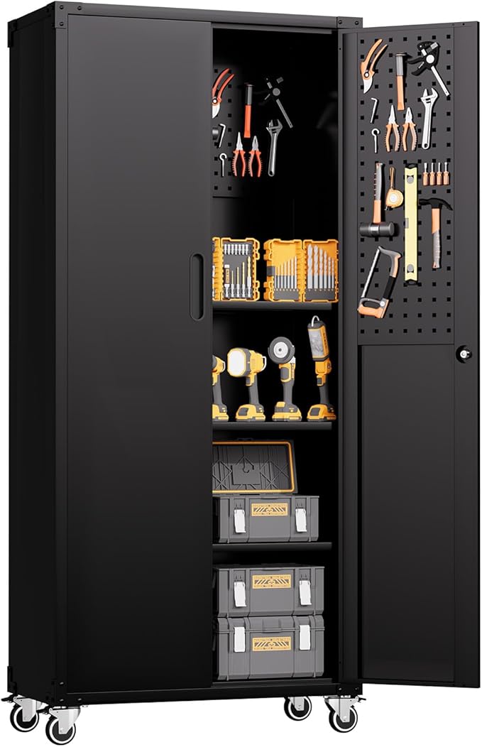 71"H Metal Storage Cabinet with Wheels, Tall Rolling Garage Cabinet with 3 Adjustable Shelves & Locking Doors & Pegboards, Heavy-Duty Tool Cabinet for Home Office, Workshop, Warehouse, Black