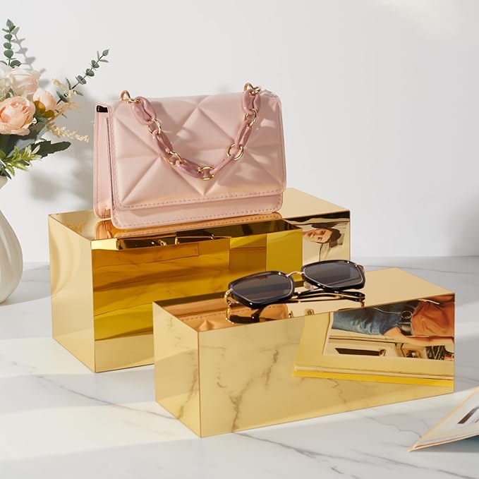 Acrylic Food Display Risers, Gold Risers Boxes 3Pcs Rectangular Display Stand Shelf Buffet Risers for Catering Dessert Buffet Table, Parties, Weddings, Collectibles Shoes Display(3pc)