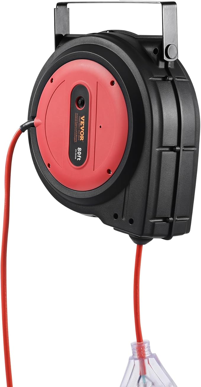 VEVOR 80FT Retractable Extension Cord Reel, 12AWG/3C SJTOW Heavy Duty Power Cord w/Lighted Electrical Triple Tap Outlets, 15A Circuit Breaker,180° Swivel Bracket for Workshop or Garage, Red
