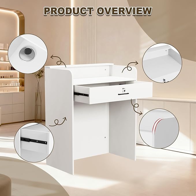 Reception Desk with Counter LED Light, Modern Front Desk with Lockable Drawer, White Retail Checkout Counter for Clothing Store Lobby Beauty Salon (White, 37.8x31.5x15.7in)