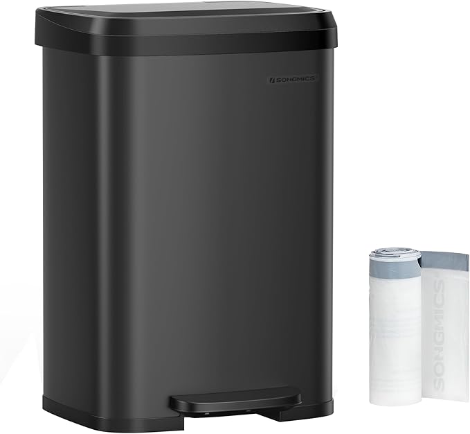 SONGMICS Kitchen Trash Can, 13 Gallon (50 L) Stainless Steel Garbage Can, with Stay-Open Lid and Step-on Pedal, Soft Closure, Tall, Large and Space-Saving, Black ULTB530B50