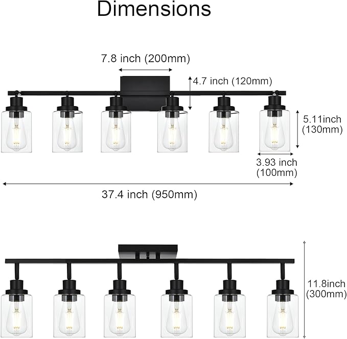 6-Light Track Lighting Kit Black Track Lighting Fixtures Bathroom Wall Sconces Ceiling Mount Kitchen Tracking Lights, Rotatable Spotlight with Clear Glass Shade for Kitchen Shop Hallway