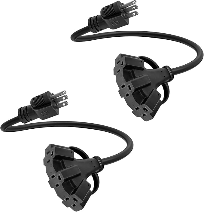 2FT 2 Pack 12 Gauge 3 Outlet Outdoor Extension Cord 12/3 Heavy Duty SJTW Power Cord 3 Way Waterproof Power Cable 3 Prong Grounded 12AWG 15Amp 1875W ETL Listed