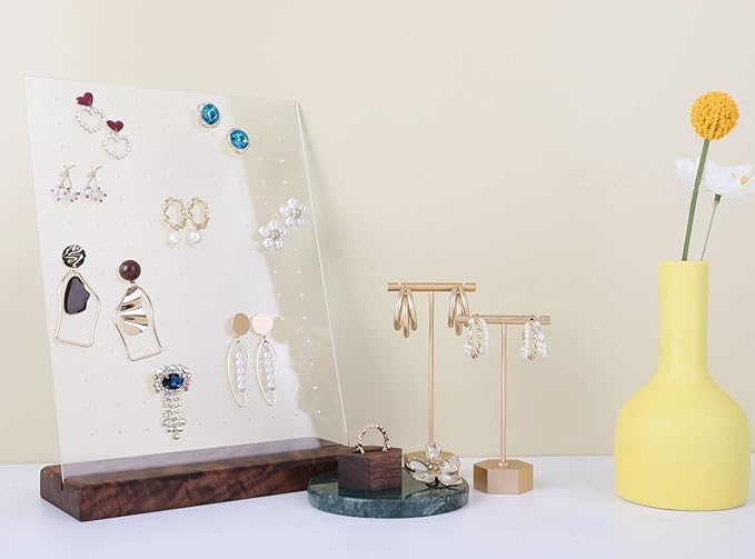 GemeShou Gold Metal 2pcs T Bar Earring Retail Display Stand for show, Tabletop Jewelry Tower Holder for Girl Women【Gold-Hexagon Base 2pcs Height 4.5" and 5.3"】