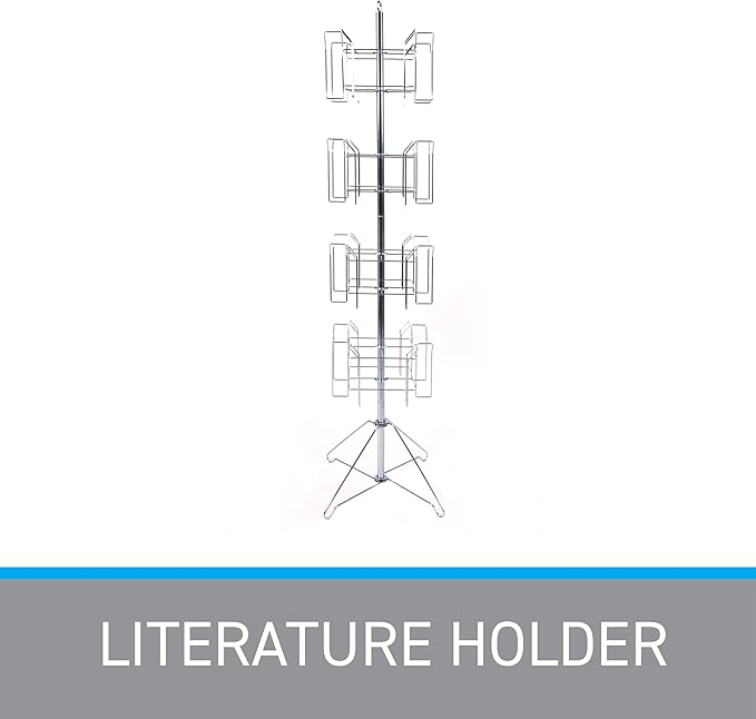 SSWBasics 4-Tier Chrome Rotating Standing Literature Rack - 64'H x 16"D - 16 Pockets Total - Sleek Floor Standing Book Display Rack for Periodicals - Sturdy Comic Book Display Stand for Magazines,