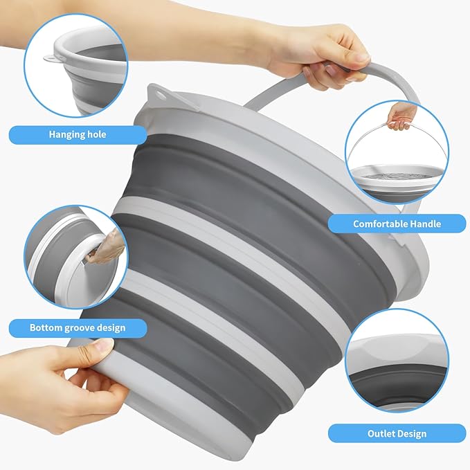 Collapsible Bucket with Handle, 2.6 Gallon Foldable Water Bucket for Car Wash, Cleaning, Camping and Outdoor, Gray and White