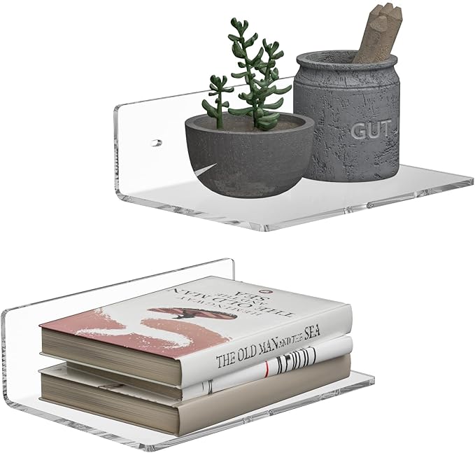 9 Inches Acrylic Wall Shelves 2 Pack, Floating Shelf for Wall Mounting, Acrylic Display Ledges for Funko Pop Figures, Home Décor, Living Room, Gaming Room, Plants(9 inch, Clear)