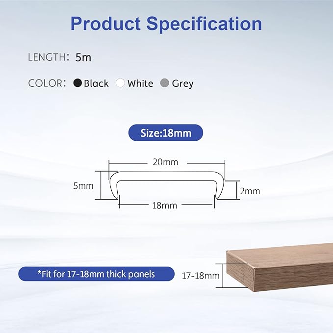 U-Shape Edge Banding, 16.4ft TPE Self Adhesive Veneer Edging Trim Flexible Corner Edge Protector, Furniture Edge Strip for Countertop Table Cabinet Shelve Restoration (18mm, Grey)