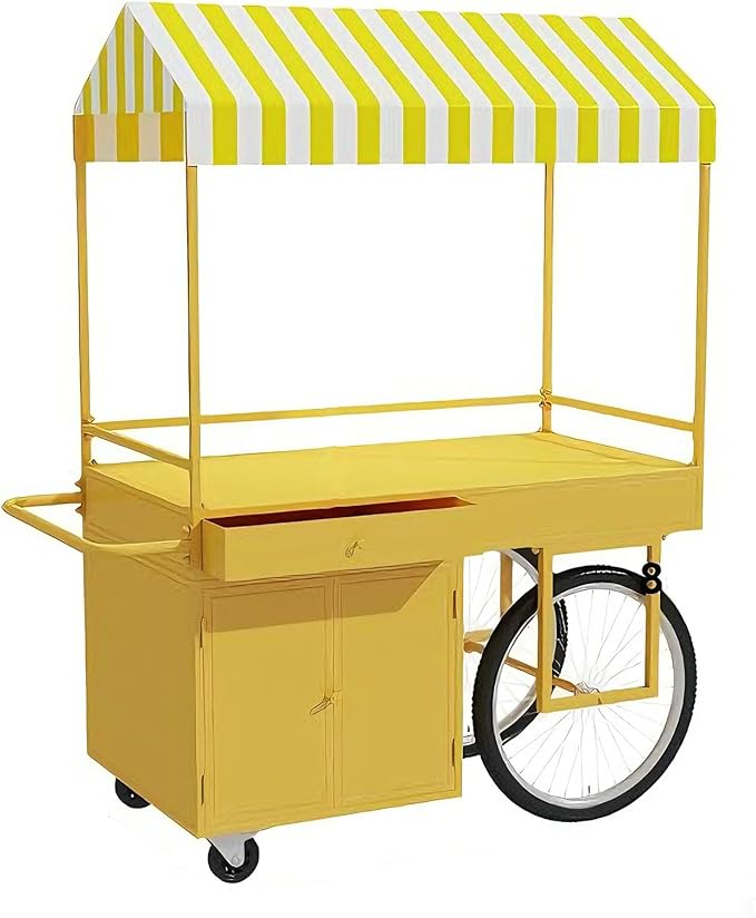 Food Cart for Business with Striped Canopy, Mobile Display Stand with Storage Drawers, for Street Food, Farmers Markets, Outdoor Events (Yellow, 47.24 * 27.56 * 78.74in)