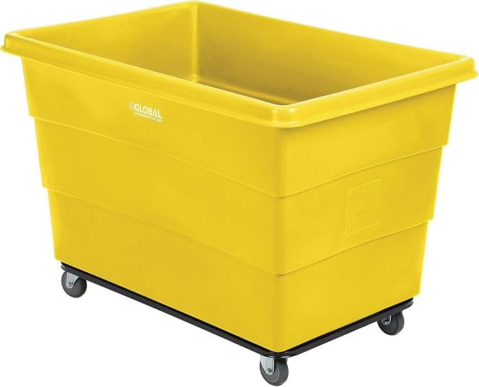 Global Industrial 20 Bushel Plastic Bulk Box Truck, Steel Chassis Base, 1200 lbs. Capacity, 4" Non-Maring Rubber Casters, Yellow, 50-2/5"L x 34-3/5"W x 35-3/5"H